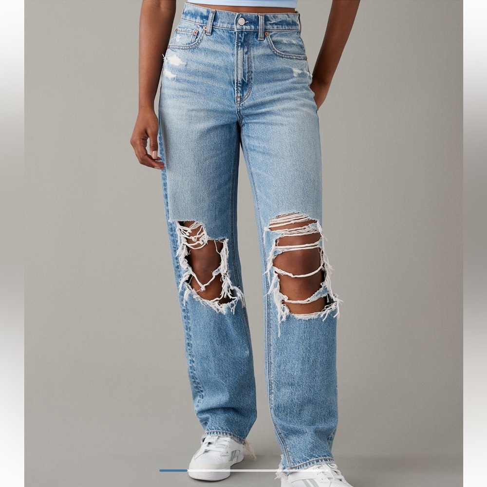american eagle strigid ripped highest rise baggy straight jeans